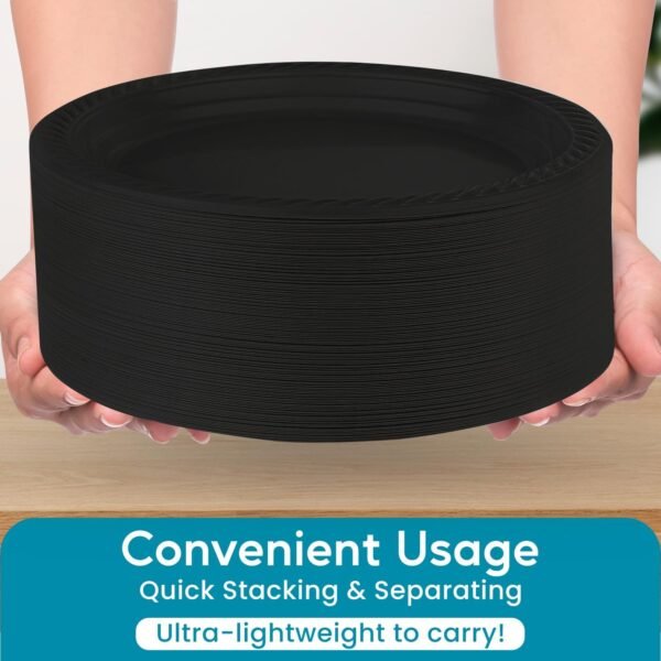 Framo 300 Piece Disposable Black Tableware Set for 50 Guests - Microwavable Plastic Dinnerware Set of 50 9” Plates, 50 6” Dessert Plates, 50 9oz Cups, 50 Spoons, 50 Forks, 50 Knives - Image 7