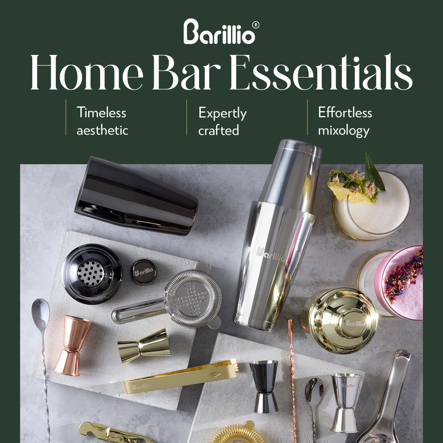 Barillio Bartender Kit - Stainless-Steel Cocktail Shaker Set w/Bamboo Stand - Mixology Bar Tools w/Drink Shaker, Mixer Spoon & Muddler for Cocktails - Home Bar Accessories - 23-Pc Bar Set - Silver - Image 8