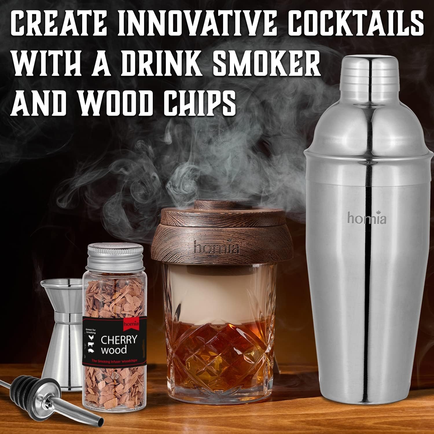 Bartender Kit with Whiskey Smoker - 13 pcs, Pine Stand - Bar Set with Cocktail Shaker, Bartending Kit with Essential Bar Accessory Tools, Wood Chips, Steel - Image 4