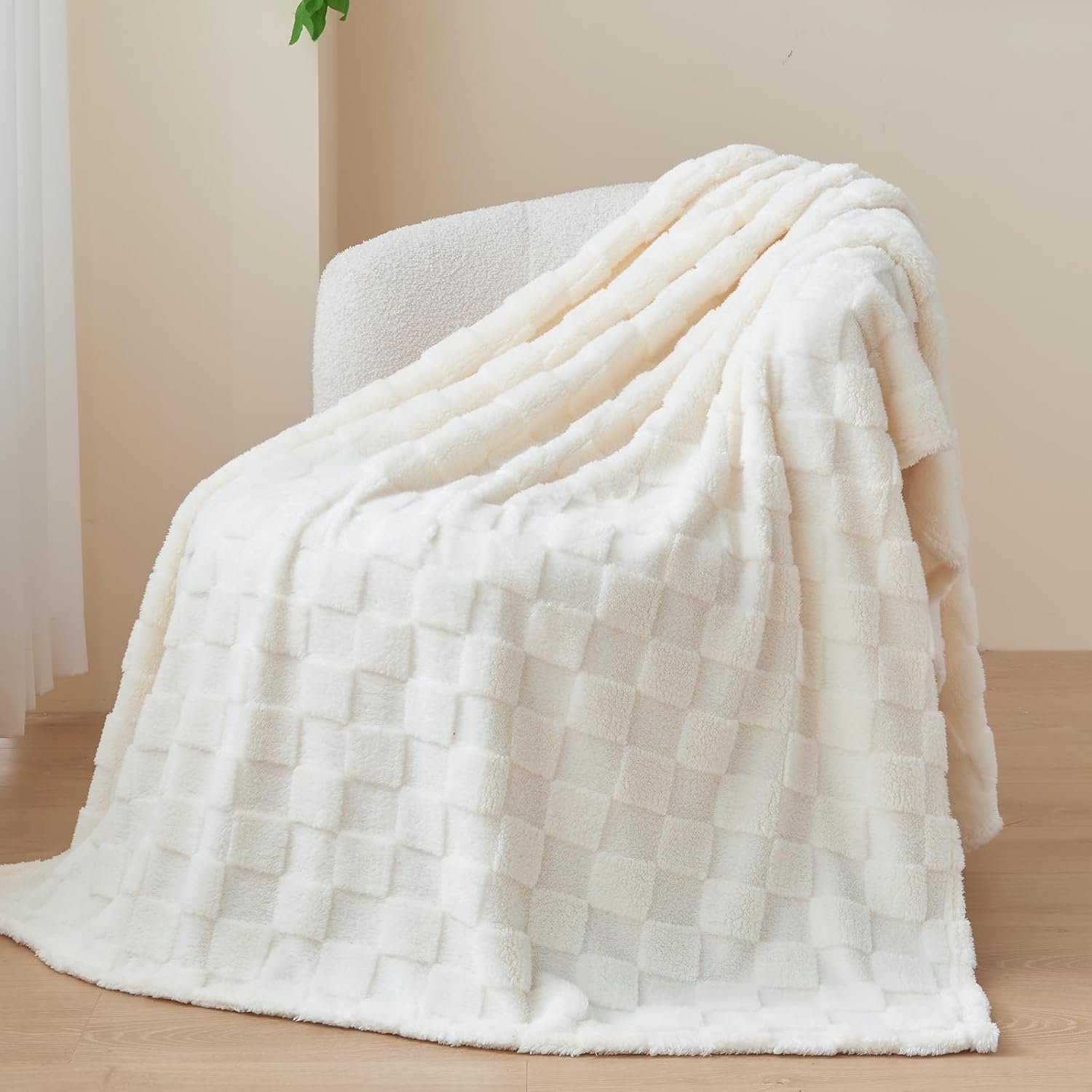 NEWCOSPLAY Super Soft Throw Blanket Ivory Premium Silky Flannel Fleece 3D Checkered Lightweight Bed Blanket All Season Use (Ivory Checkered, Throw(50"x70")) - Image 8
