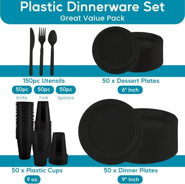 Framo 300 Piece Disposable Black Tableware Set for 50 Guests - Microwavable Plastic Dinnerware Set of 50 9” Plates, 50 6” Dessert Plates, 50 9oz Cups, 50 Spoons, 50 Forks, 50 Knives - Image 3