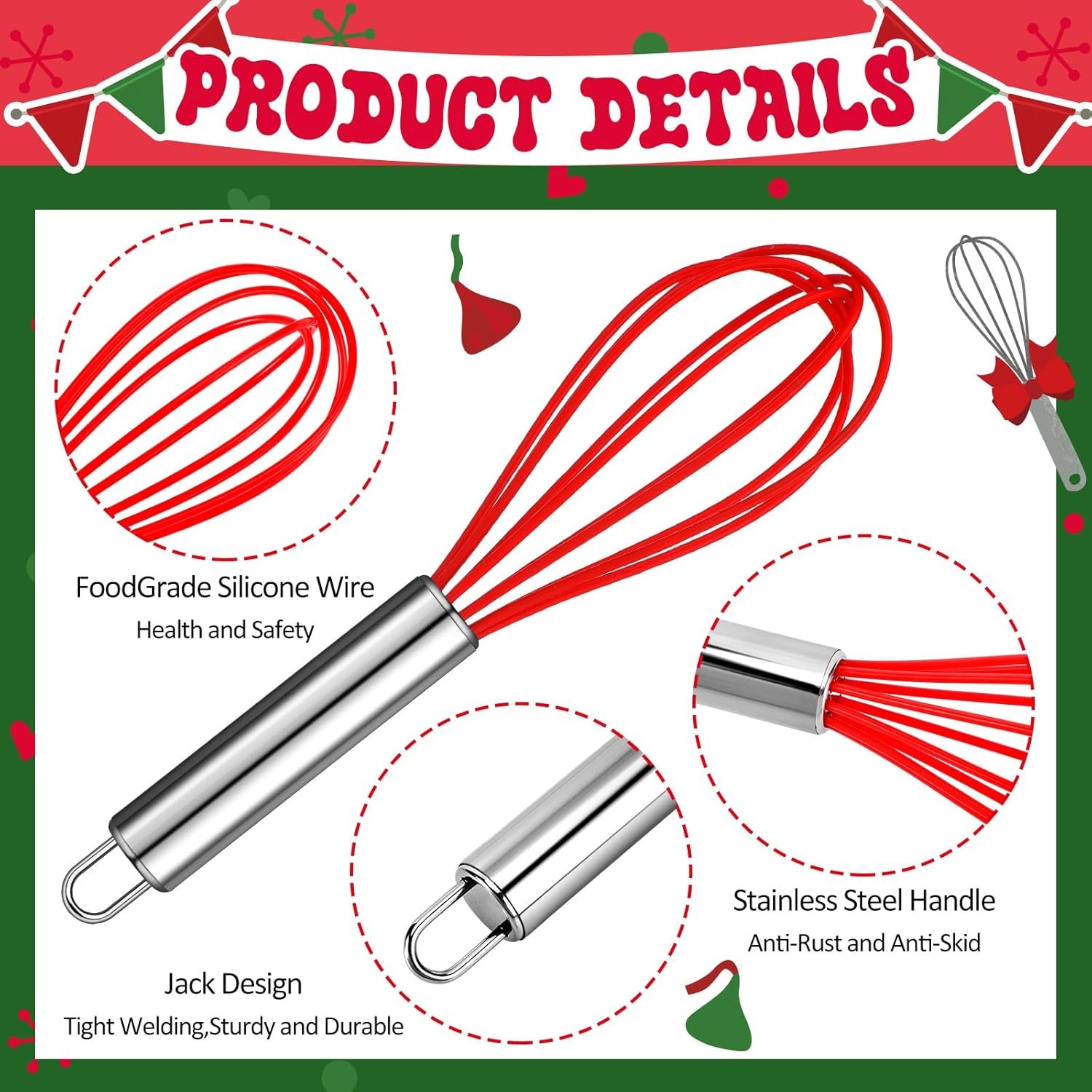 Nuogo 6 Sets Christmas Whisk Baking Supplies Gifts Sets Includes Stainless Steel Whisk, Greeting Cards, Ribbons, Plastic Bags for Neighbor Employee Cooking Supplies Christmas Stocking Stuffers Ideas - Image 4