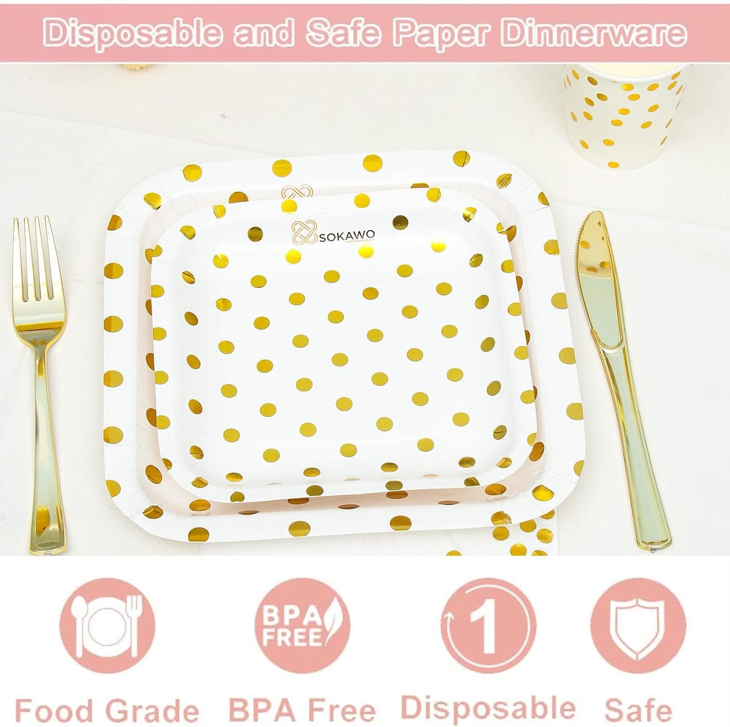204 PCS White and Gold Party Supplies Disposable Tableware Set - Plastic Plates, Napkins, Cups, Tassels, Forks, Knives, Tablecloth, Dinnerware for 20 Guests - Image 3