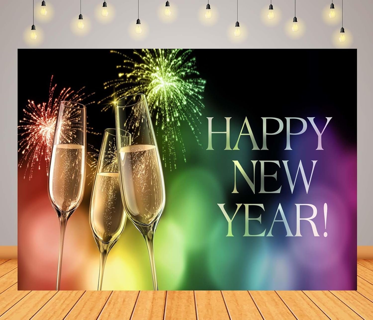 20x10ft Fabric Happy New Year Backdrop Champagne Glasses and Fireworks Colorful Bokeh Background Cheers to The New Year Festival Celebration Holiday Party Decorations Photo Studio Props - Image 3