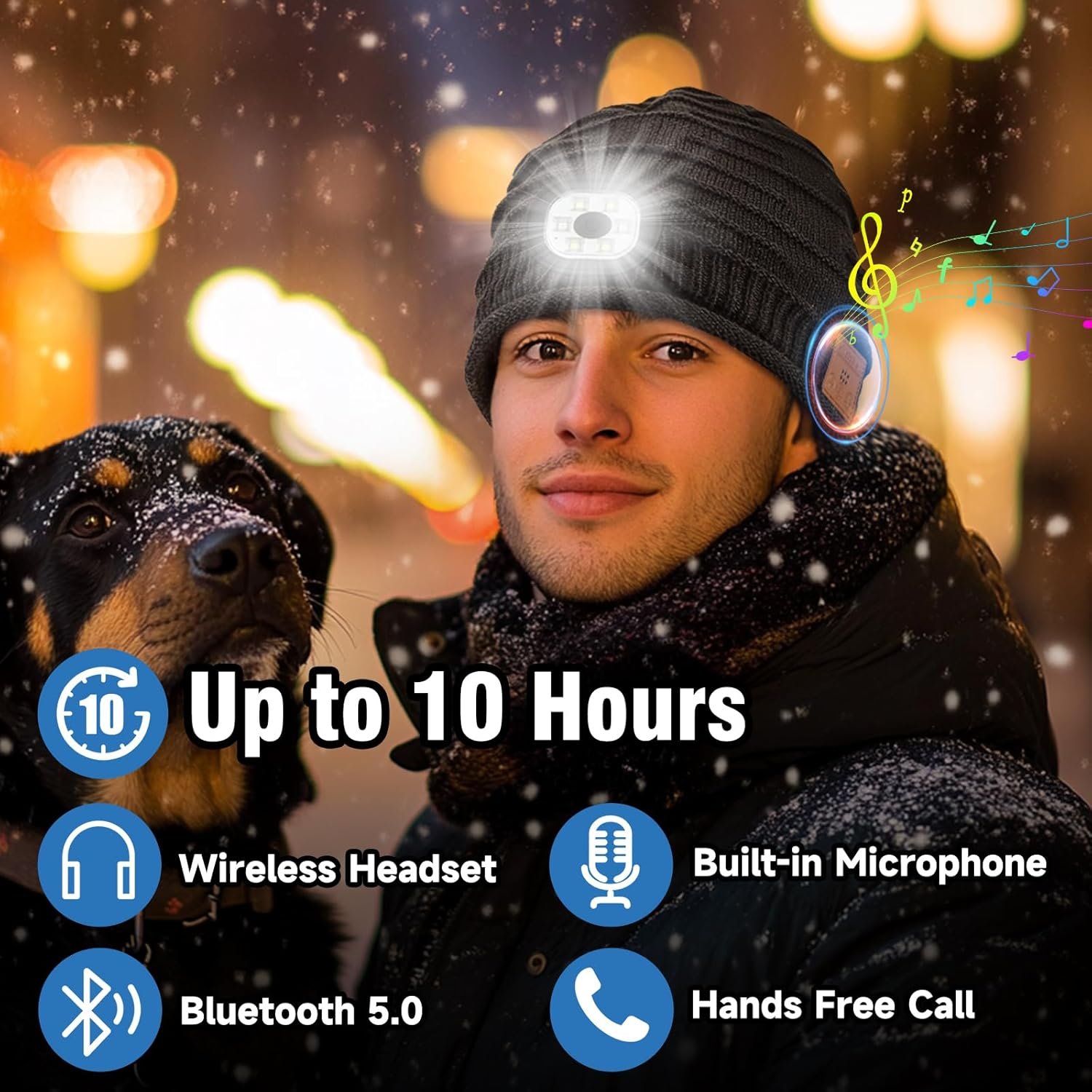 Rotibox Bluetooth Beanie Hat with Light, Music Knit Hat with Headphones for Outdoor Sports,Gifts for Birthday, Christmas, Mens Stocking Stuffers for Men, Women, Teens - Image 3