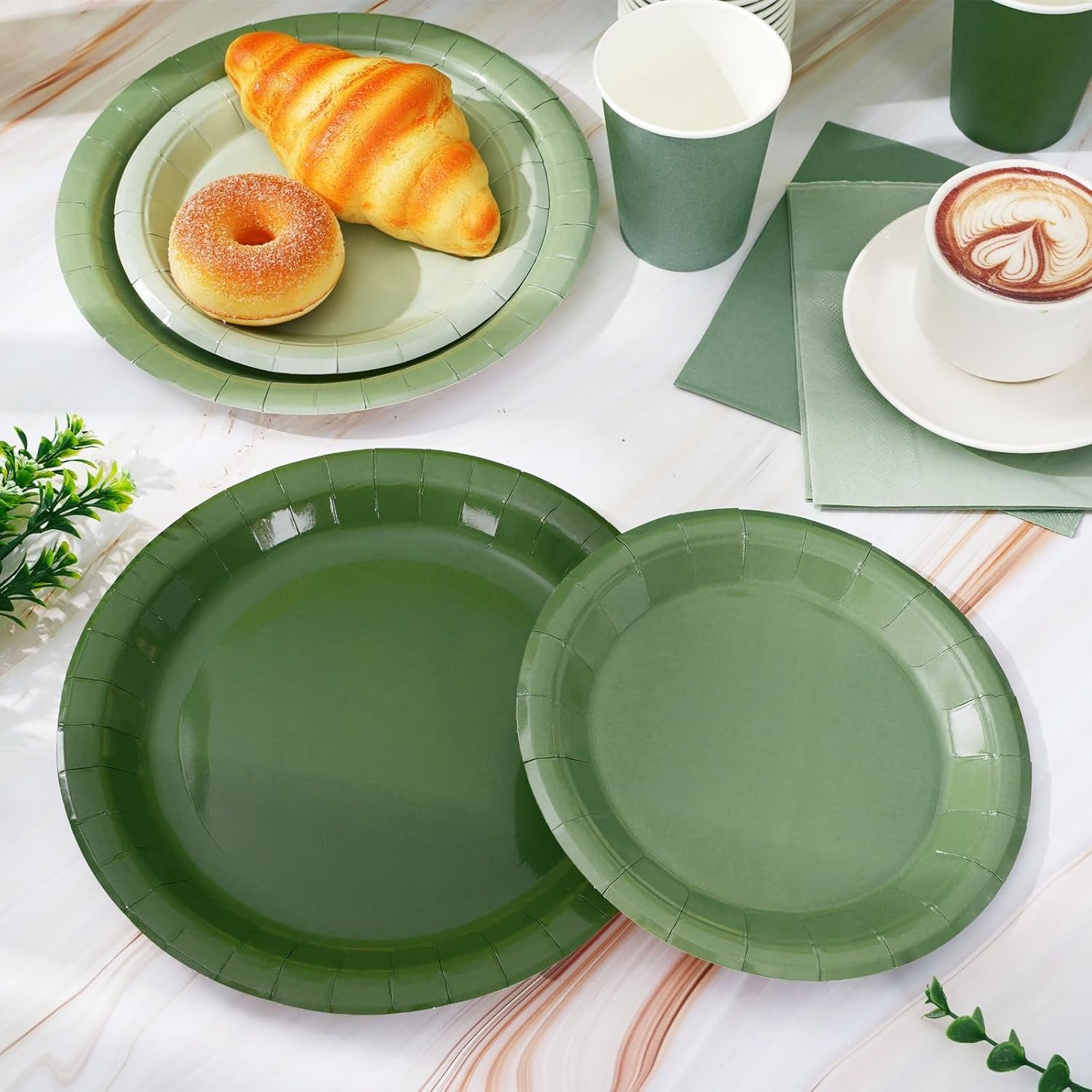 Whaline 244Pcs Sage Green Tableware Set Serves 48 Gradient Green Disposable Dinnerware 48 9" Plates 48 7" Plate 48 9oz Cups 100 Napkins for Wedding Birthday Party Supplies - Image 5