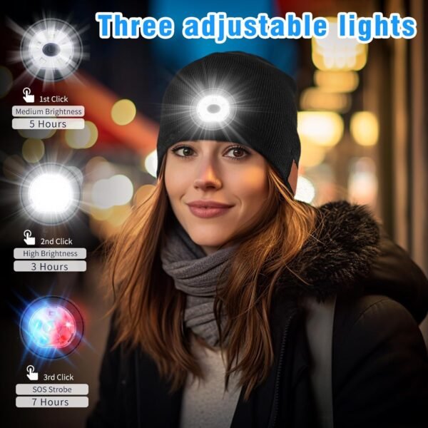 Bluetooth Beanie with Light,USB Rechargeable LED Headlamp Hat Beanie,Musical Knit Hat with Headphones and Built-in Speaker Mic,Gifts for Men Women Teen Black - Image 4
