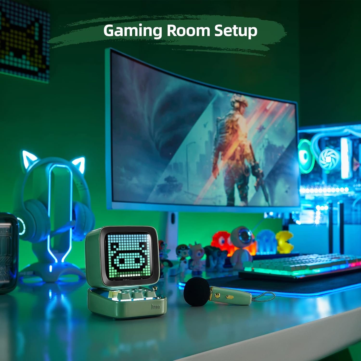 Divoom Ditoo-Mic Bluetooth Speaker with Karaoke Microphone - RGB Keyboard and Pixel Display Desktop Decor, Different Sound Modes, Ideal Gifts for Home Party, Mobile KTV (Green) - Image 5