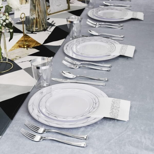 COLOSUS 175pcs Christmas Disposable White silver Plastic Party Plates and Silverware set, Include Dinner Plastes, Dessert Plates, Silverware, Cups, Napkins, Christmas Party plastic plates - Image 8