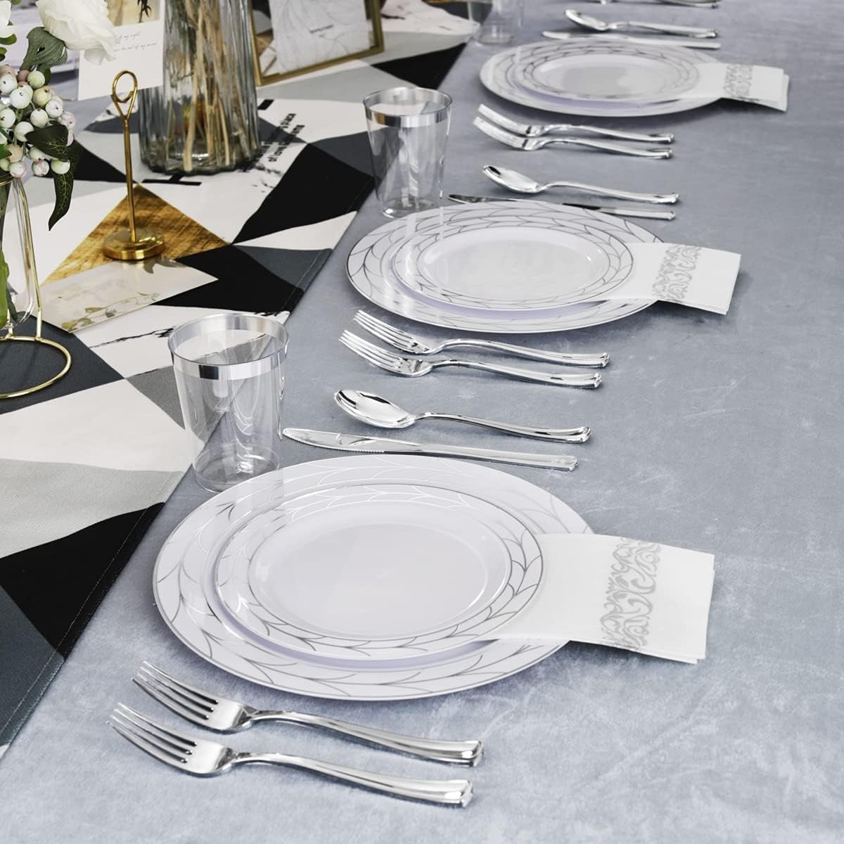 COLOSUS 175pcs Christmas Disposable White silver Plastic Party Plates and Silverware set, Include Dinner Plastes, Dessert Plates, Silverware, Cups, Napkins, Christmas Party plastic plates - Image 8