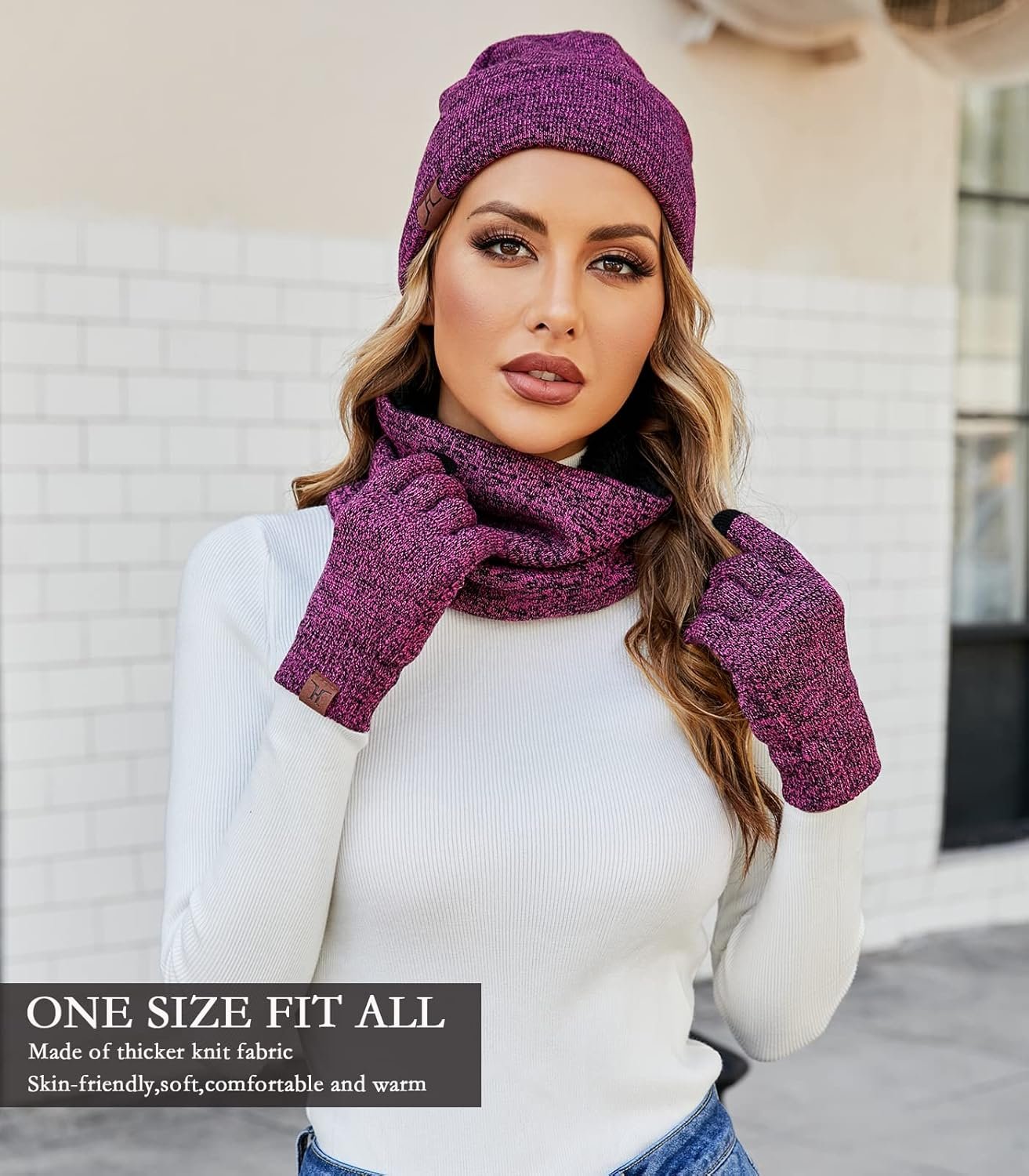 Winter Beanie Hat Scarf Touchscreen Gloves Set for Men and Women, Beanie Gloves Neck Warmer Set with Warm Knit Fleece Lined - Image 7