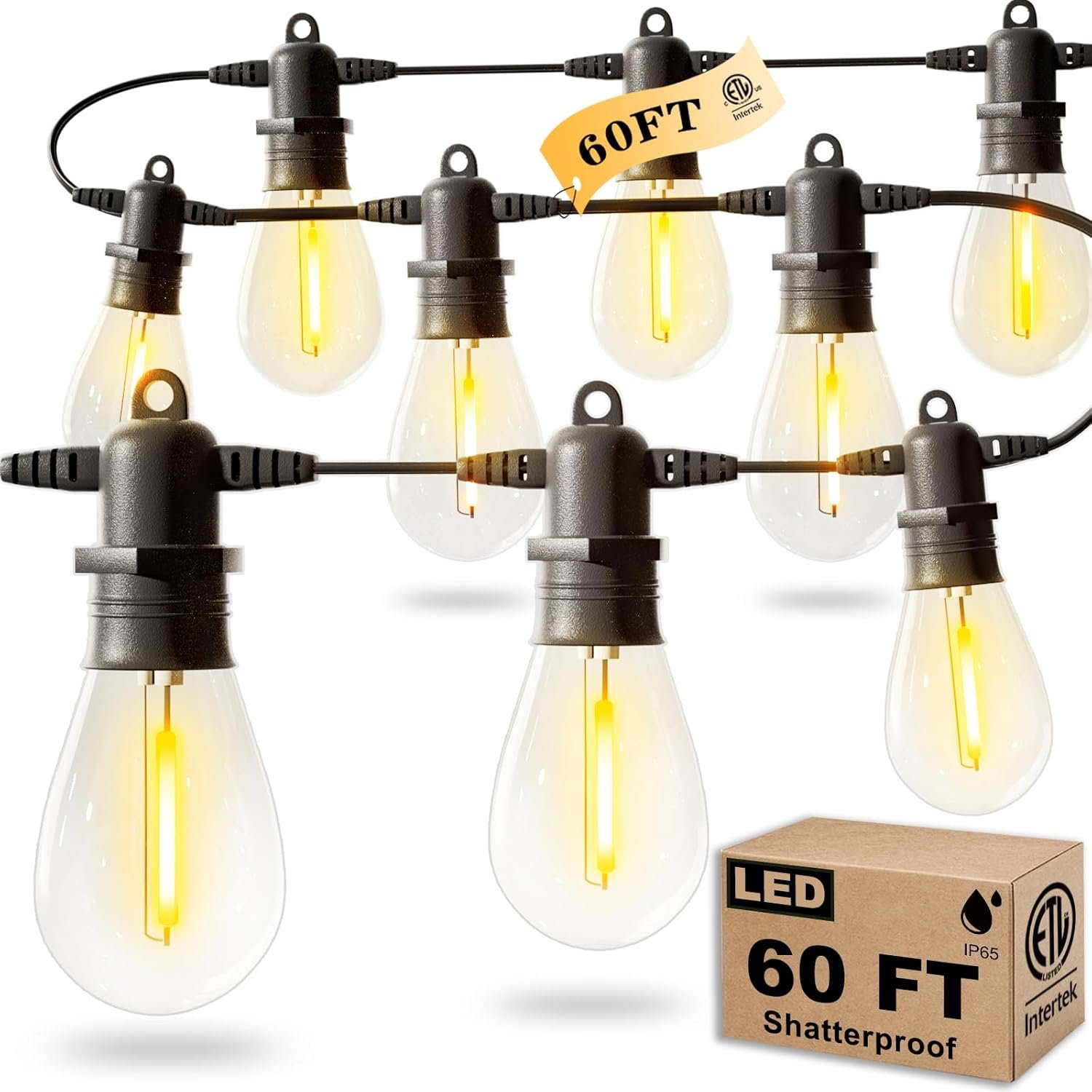 60FT LED Outdoor String Lights with 16+1 Edison Shatterproof IP65 Waterproof Bulbs, 2700K Dimmable Commercial Grade Patio Lights, Heavy Duty Outside Hanging Lights for Garden Porch Deck Decor - Image 2