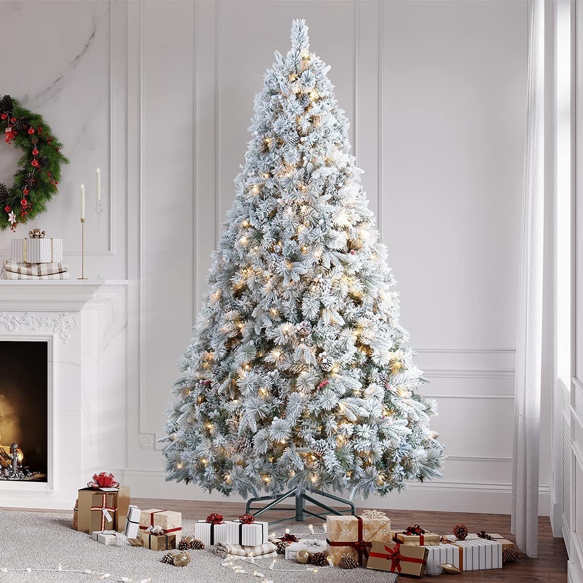 7.5ft Flocked Christmas Tree Prelit, White Christmas Tree with Lights, Pre-Lit 550 Warm Lights with Pine Cones Red Berries Holiday Decor Artificial Trees - Image 2