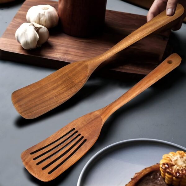 2 Pcs Acacia Wood Spatula Set Non Stick Cooking Utensils Slotted Turner Flat Wooden Kitchen Wok Spatula for Mixing Frying Fish Spatula Egg Flipper Turner Kitchen Utensil Pancake Spatula for Cooking - Image 3