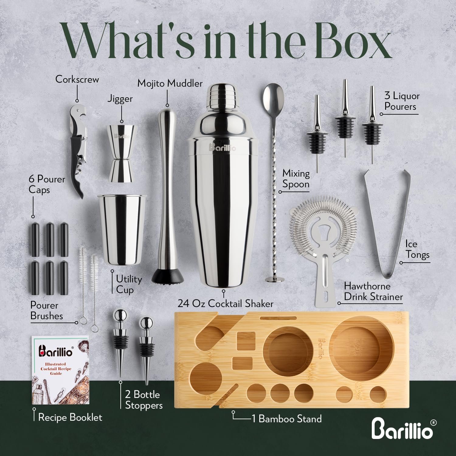 Barillio Bartender Kit - Stainless-Steel Cocktail Shaker Set w/Bamboo Stand - Mixology Bar Tools w/Drink Shaker, Mixer Spoon & Muddler for Cocktails - Home Bar Accessories - 23-Pc Bar Set - Silver - Image 5