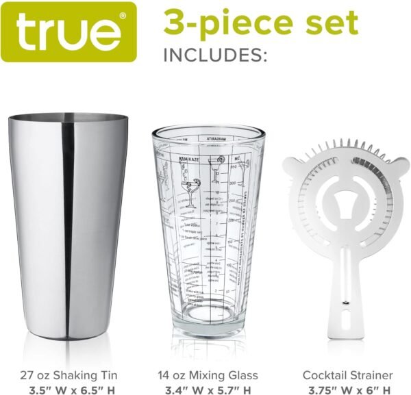 True 3-Piece Barware Set with 7 Cocktail Recipes and Measurements Printed on Mixing, Includes Shaker Tin and Hawthorne Strainer, Glass and Stainless Steel, Assorted - Image 4