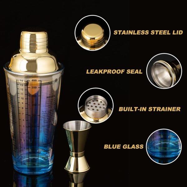 Glass Cocktail Shaker Set,14oz Martini Mixer Shaker with Built-in Strainer, Measuring Jigger,Drink Shaker Margarita Alcohol Mixer,Perfect for Bartender and Home Use (Blue) - Image 3