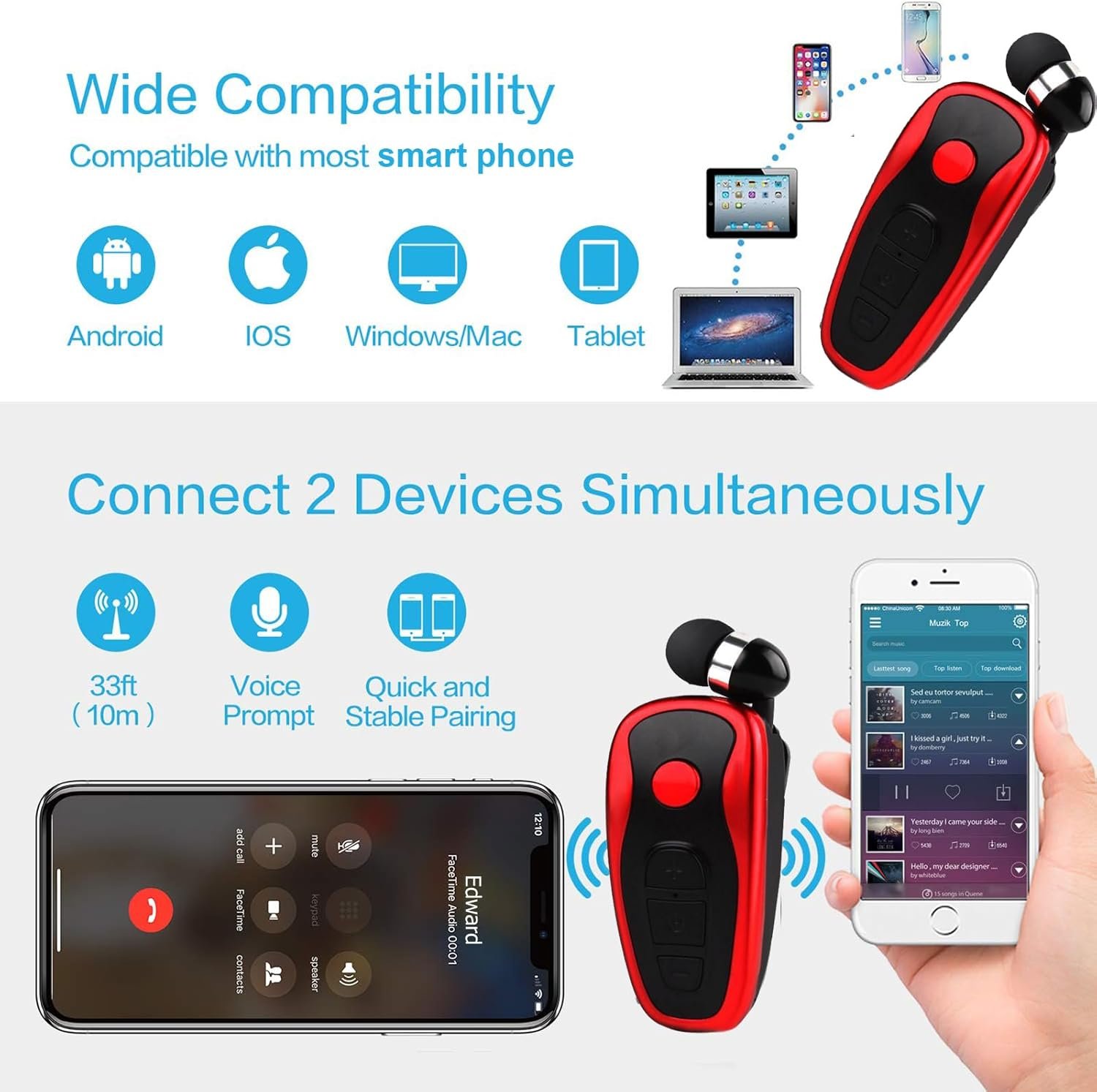 Retractable Wireless Headset Wireless Headphones Business Office Driver Earbud with Clip Retractable Noise Canceling Earbud - Image 7