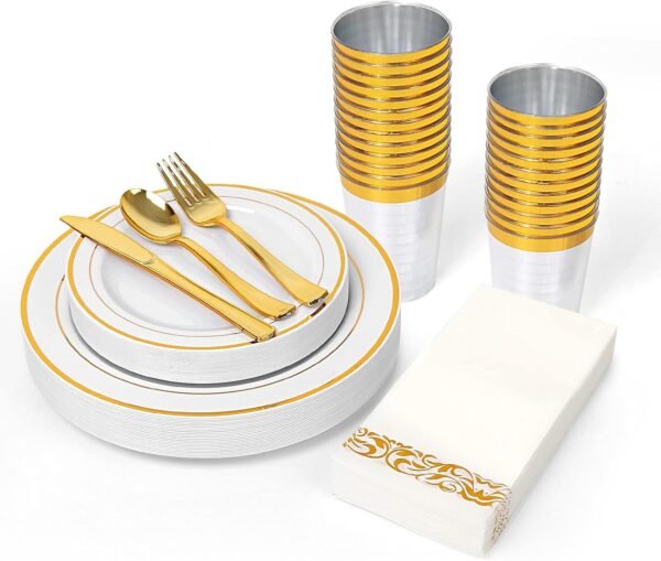 BAYZZ 175 Piece Gold Dinnerware Set, 25 Guest Gold Rim Plastic Plates, 25 Gold Plastic Silverware, 25 Gold Cups, 25 Gold Napkins, Disposable Dinnerware Set 25 Guest, For Wedding, Party - Image 2
