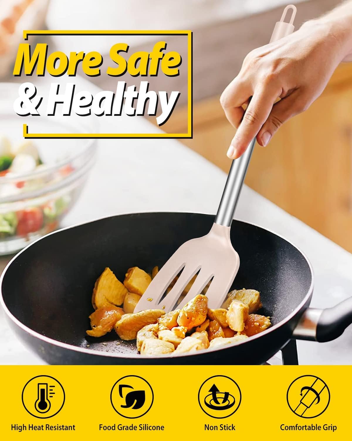 Pack of 2 Silicone Solid Turner, Non Stick Slotted Kitchen Spatulas, High Heat Resistant BPA Free Cooking Utensils, Ideal Cookware for Fish, Eggs, Pancakes(Stainless Steel Khaki) - Image 5