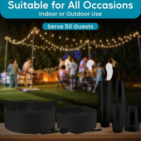 Framo 300 Piece Disposable Black Tableware Set for 50 Guests - Microwavable Plastic Dinnerware Set of 50 9” Plates, 50 6” Dessert Plates, 50 9oz Cups, 50 Spoons, 50 Forks, 50 Knives - Image 6
