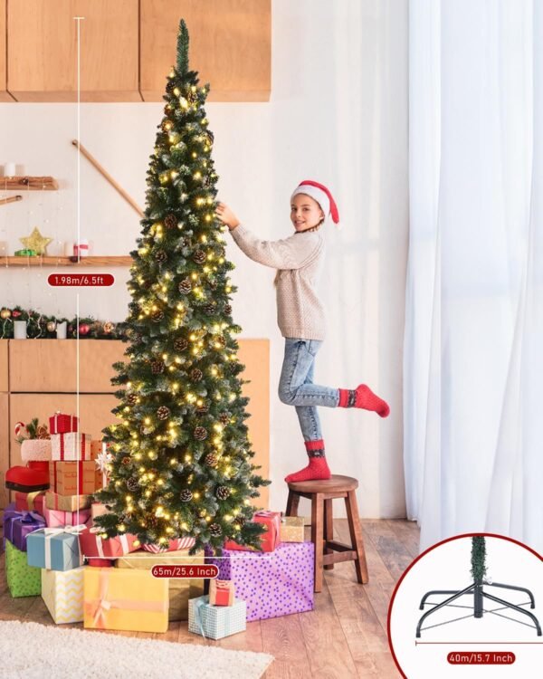 AORESAC 6.5ft Pre-Lit Pencil Christmas Tree for Home, Office, Party Decoration, Artificial Snow Flocked Design w/ 350 LED Lights & 699 PVC Branch Tips and Pine Cones, Metal Hinges & Base - Image 8