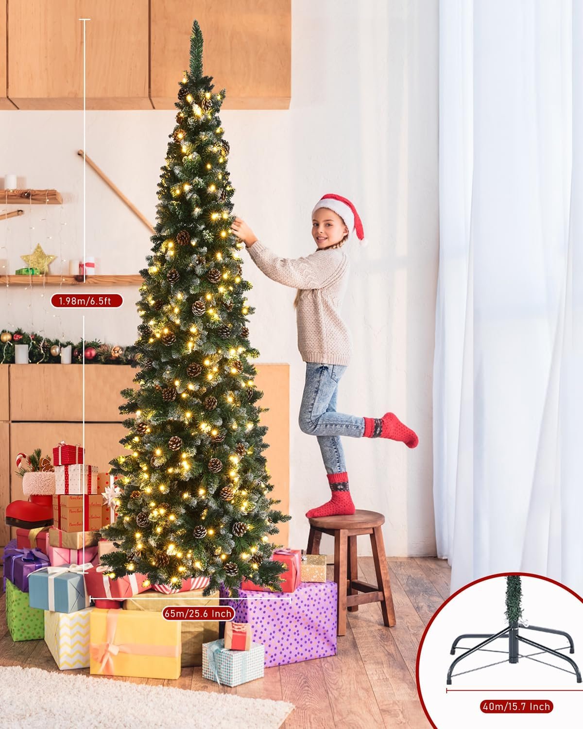 AORESAC 6.5ft Pre-Lit Pencil Christmas Tree for Home, Office, Party Decoration, Artificial Snow Flocked Design w/ 350 LED Lights & 699 PVC Branch Tips and Pine Cones, Metal Hinges & Base - Image 8