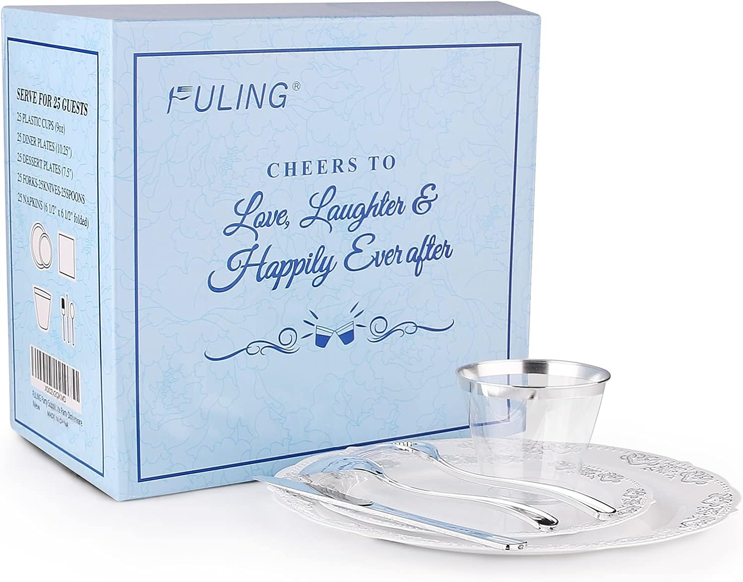 FULING 175 Pieces Silver White Dinnerware Set For 25 Guest Disposable Tableware Plastic Cutlery 5-Sets, With 12oz Cups, Knife, Fork, Spoon, Dinner Paper Each 25 Pieces For Wedding, Birthday, Party - Image 8