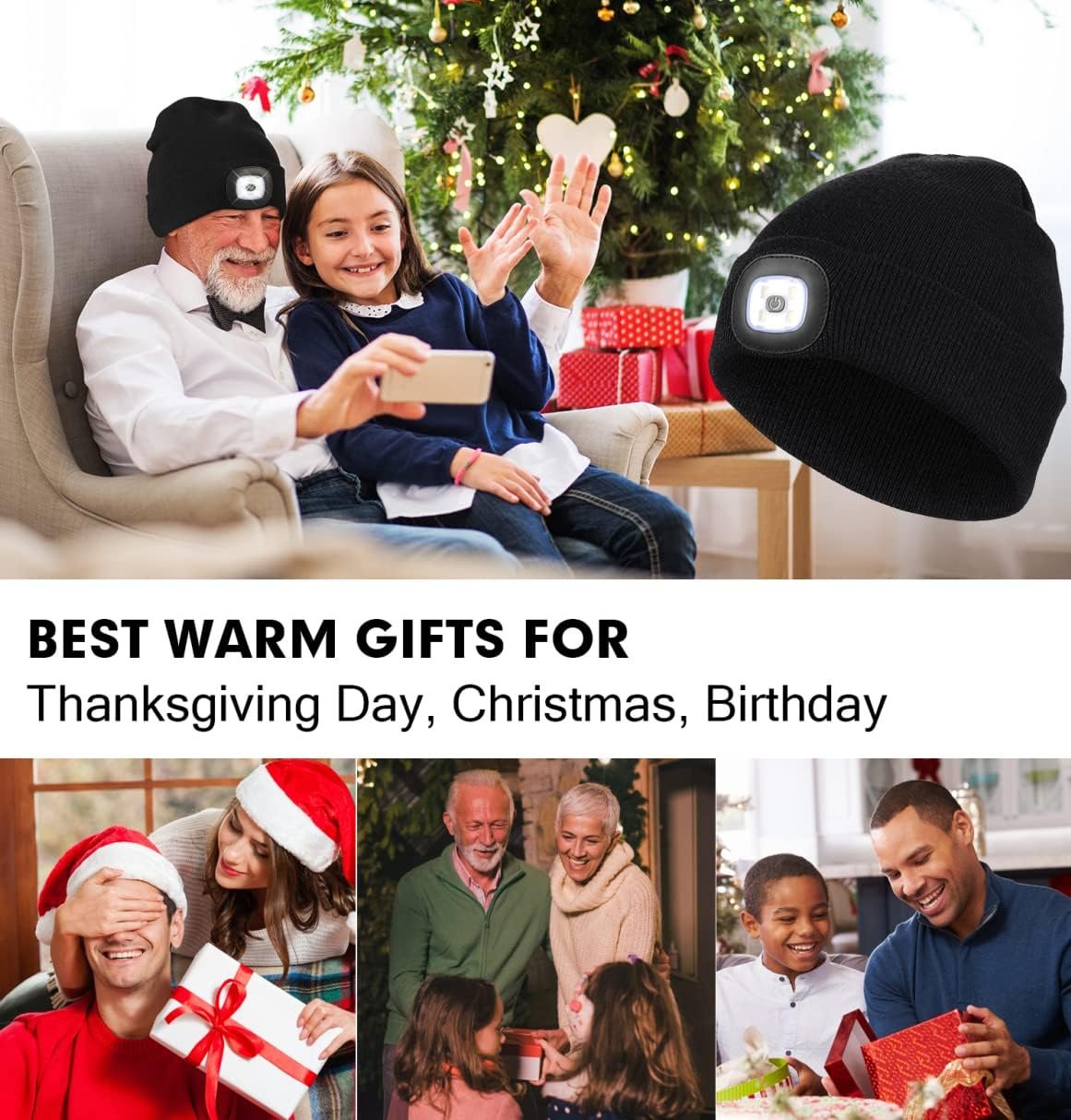 CENSGO Unisex Hat with Light, USB Rechargeable LED Headlamp Beanie, Gifts for Dad Father Men Husband Warm Knitted Cap - Image 7