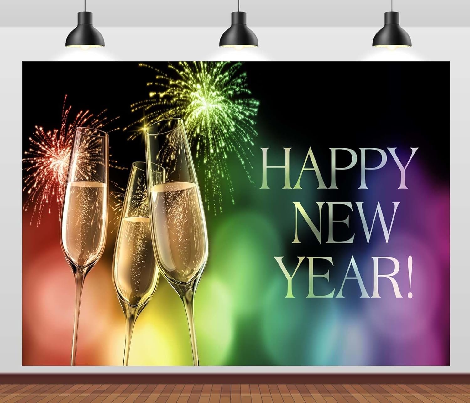 20x10ft Fabric Happy New Year Backdrop Champagne Glasses and Fireworks Colorful Bokeh Background Cheers to The New Year Festival Celebration Holiday Party Decorations Photo Studio Props - Image 2
