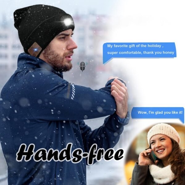 Wireless Beanie Music Hat with Light Unisex Musical Knitted Cap Rechargeable Beanie with Light Built-in Speakers Mic Headphone Beanie Hat Gifts for Men Women Running Camping Fishing - Image 5