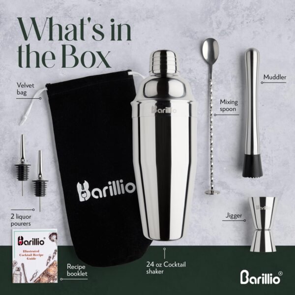 Barillio Mixology Bartender Kit - 8-Pc Stainless-Steel Travel Cocktail Shaker Set with Bag - Bar Tools Set w/Martini Shaker, Drink Mixer Spoon & Mojito Muddler for Cocktails - Bar & Bartending Kit - Image 7