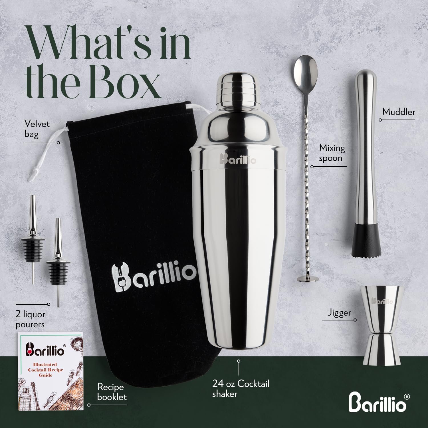Barillio Mixology Bartender Kit - 8-Pc Stainless-Steel Travel Cocktail Shaker Set with Bag - Bar Tools Set w/Martini Shaker, Drink Mixer Spoon & Mojito Muddler for Cocktails - Bar & Bartending Kit - Image 7