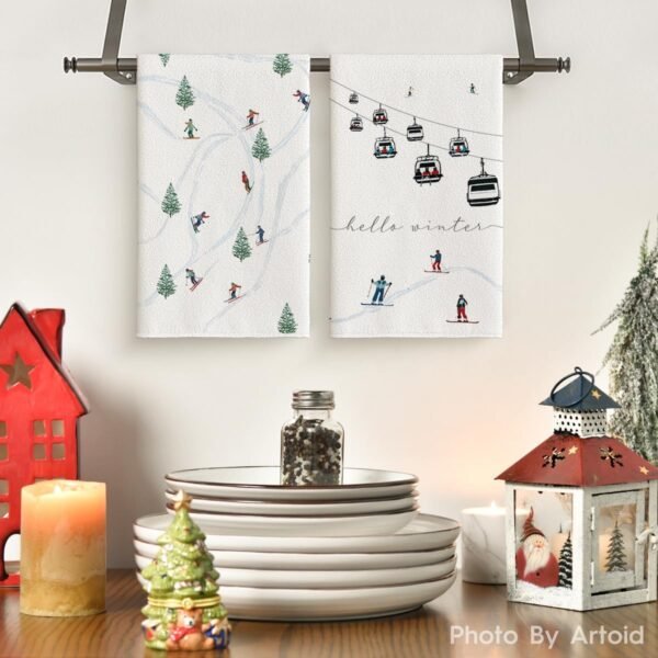 Artoid Mode Xmas Trees Ski Winter Kitchen Towels Dish Towels, 18x26 Inch Farmhouse Christmas Snow Decoration Hand Towels Set of 2 - Image 3