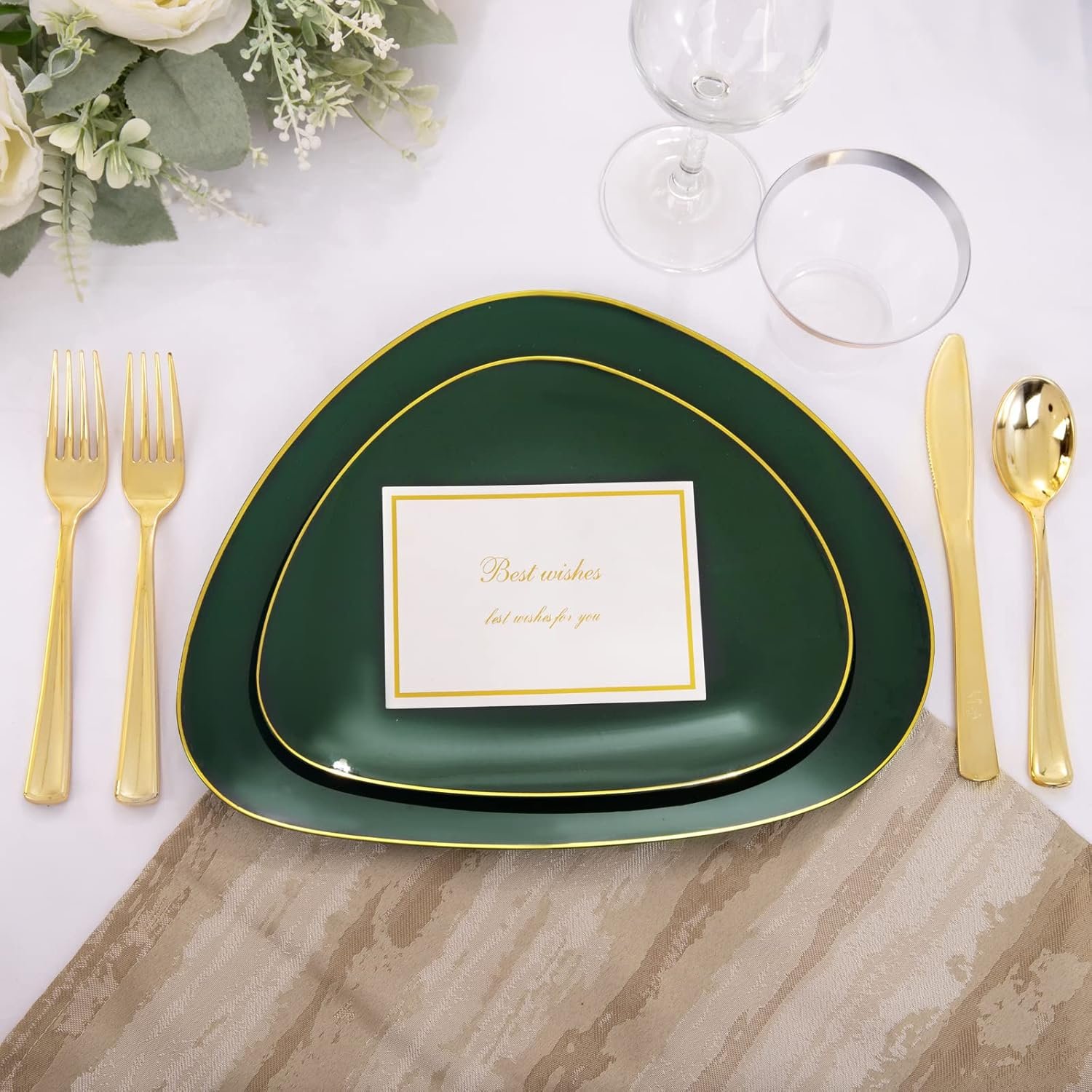 DaYammi 180Pcs Christmas Green Plastic Plates, Green Gold Disposable Plates with Gold Tableware Gold Dinnerware Set Include: 30 Dinner Plates 30 Dessert Plates 90 Gold Cutlery 30 Cups for Party - Image 7
