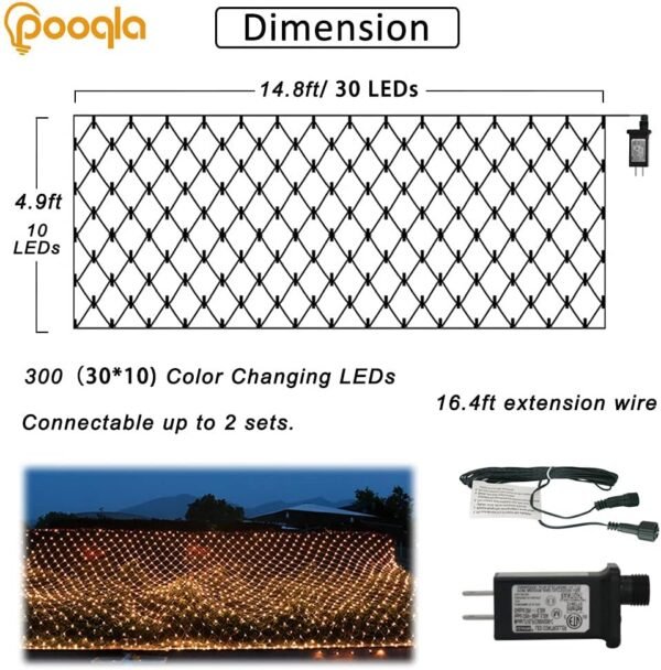 Pooqla Net Lights, 300LED Christmas Outdoor Mesh Light, 14.8x4.9 ft Fairy String Mesh Light 8 Modes Green Wire, Connectable Waterproof Decorative Light for Bushes Tree Garden Halloween, Warm White - Image 5