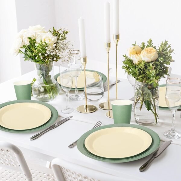 Whaline 100Pcs Ivory Sage Green Tableware Set Wedding Disposable Dinnerware 50Pcs Paper Plates 25Pcs Napkin 25Pcs Cups For Birthday Party Supplies Table Decor - Image 7