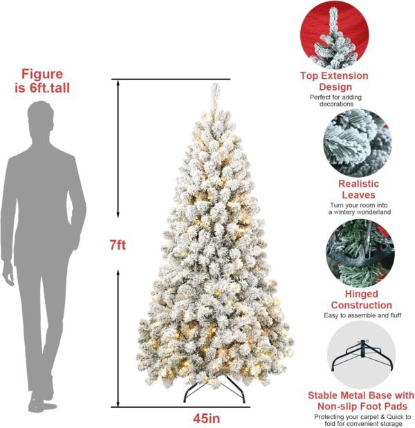MERITLINE Pre-Lit Artificial Christmas Tree with Lights, 7FT Snow Flocked Design Holiday Decoration Xmas Tree with 1064 Branch Tips, 300 Tungsten Lamp String/Easy Assembly, Metal Stand - Image 7