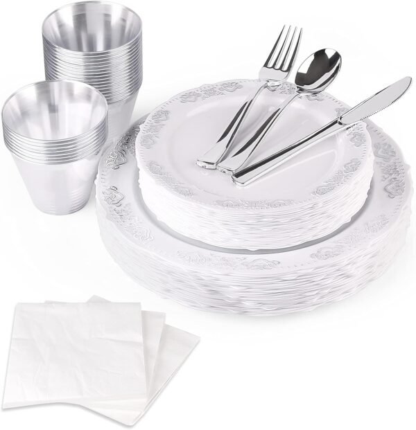 FULING 175 Pieces Silver White Dinnerware Set For 25 Guest Disposable Tableware Plastic Cutlery 5-Sets, With 12oz Cups, Knife, Fork, Spoon, Dinner Paper Each 25 Pieces For Wedding, Birthday, Party - Image 2