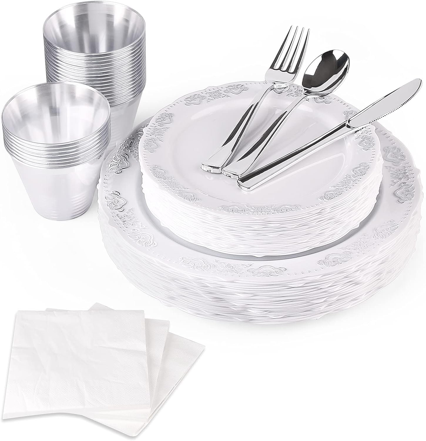 FULING 175 Pieces Silver White Dinnerware Set For 25 Guest Disposable Tableware Plastic Cutlery 5-Sets, With 12oz Cups, Knife, Fork, Spoon, Dinner Paper Each 25 Pieces For Wedding, Birthday, Party - Image 2