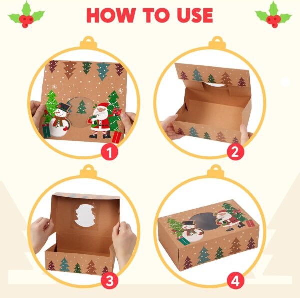 JOYIN 24PCS Christmas Cookie Boxes for Gift Giving, 8.5" x 5.75" x 2.75" Xmas Holiday Treats Cookie Tins with Window, 6 Designs Brown Kraft Bakery Boxes for Pastries, Cupcakes, Brownies, Doughnut - Image 7