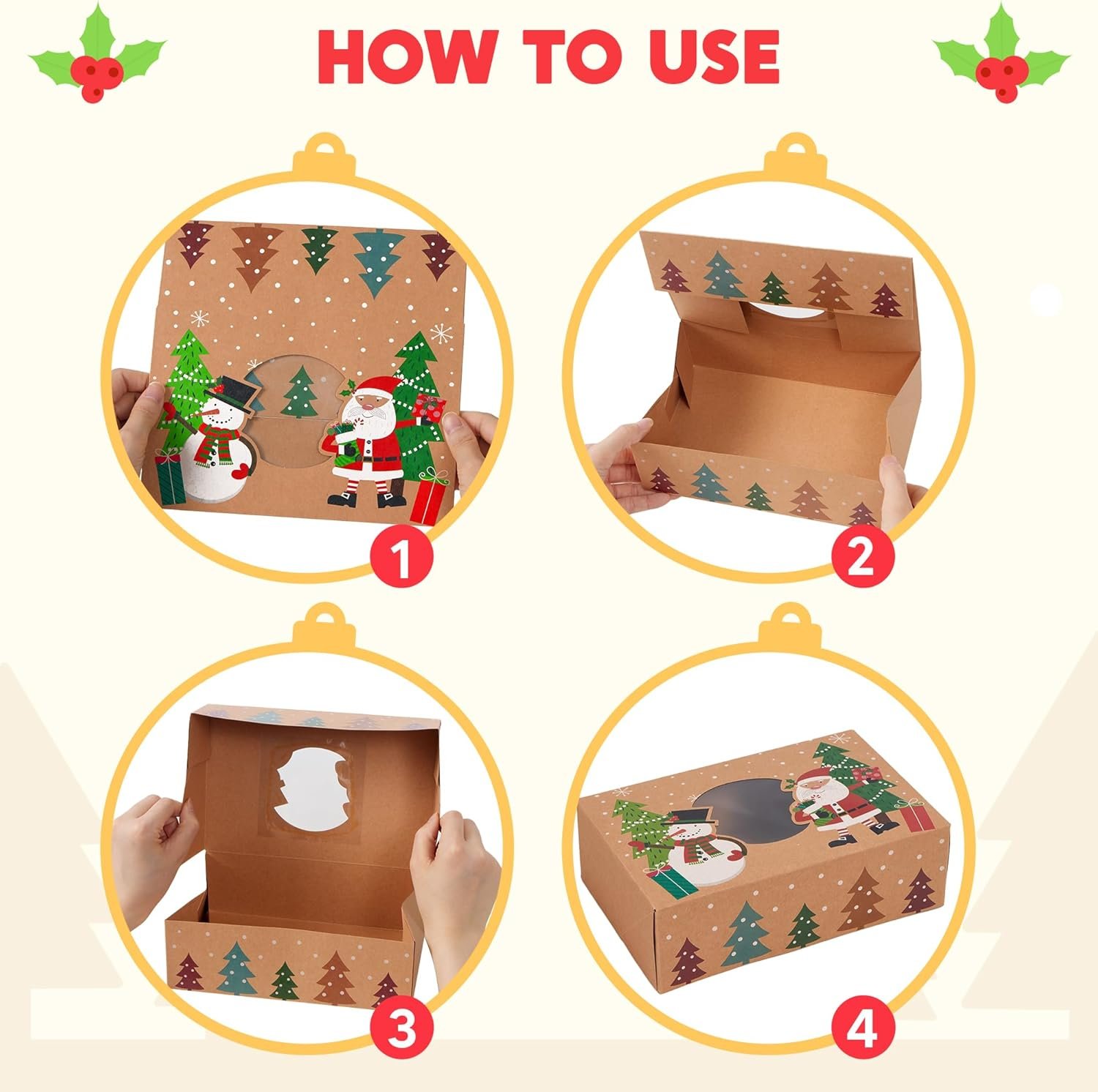JOYIN 24PCS Christmas Cookie Boxes for Gift Giving, 8.5" x 5.75" x 2.75" Xmas Holiday Treats Cookie Tins with Window, 6 Designs Brown Kraft Bakery Boxes for Pastries, Cupcakes, Brownies, Doughnut - Image 7