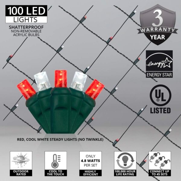 LED Red and White Net Lights Outdoor LED Holiday Lights Net, Outdoor Decorative Lights Christmas Net Lights, Hedge Christmas Lights, Set of 100 (4 x 6 ft, 5mm Lights, Red/Pure White) - Image 4