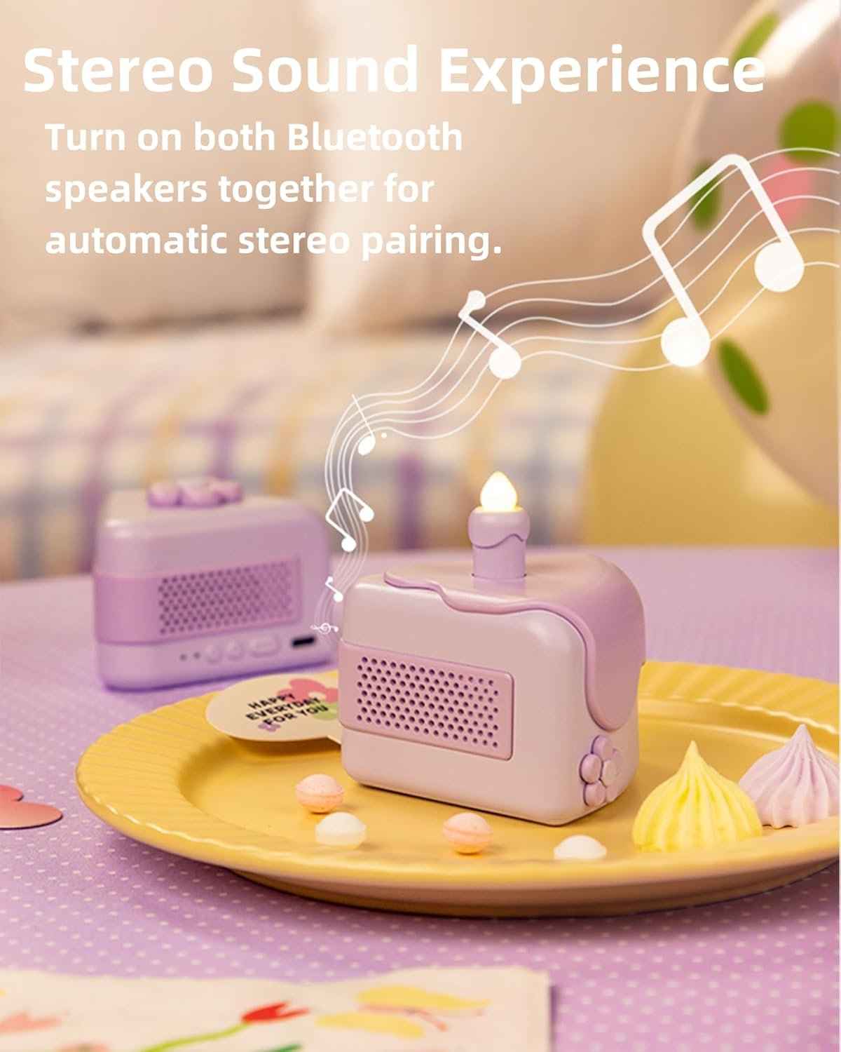Cute Bluetooth Speaker,Portable Wireless Speaker with Loud Stereo Sound,Blow-Out Candle Lights,60s Recording Function,6H Play Supports TWS Pairing for Birthday Gifts,Room Decor(2Pcs/Pink) - Image 5