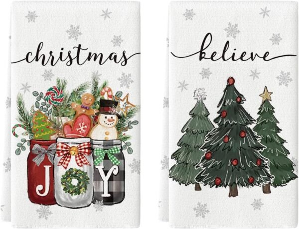 Artoid Mode Xmas Trees Snowman Vase Christmas Kitchen Towels Dish Towels, 18x26 Inch Farmhouse Snowflake Winter Decoration Hand Towels Set of 2 - Image 2