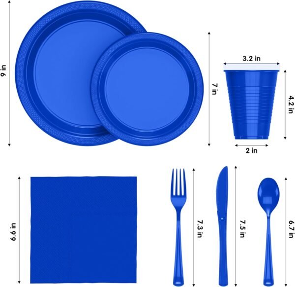 182 Pcs Plastic Dinnerware Set Includes 26 Of Each 9" Dark Blue Plastic Dinner Plates | 7" Plastic Dessert Plates | 12 oz Plastic Cups | Dark Blue Napkins | Plastic Spoons, Forks & Knives Exquisite - Image 3