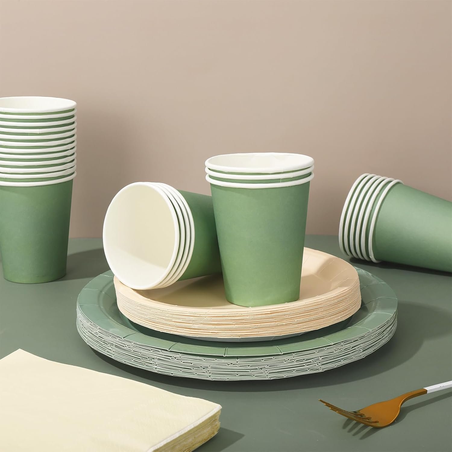 Whaline 100Pcs Ivory Sage Green Tableware Set Wedding Disposable Dinnerware 50Pcs Paper Plates 25Pcs Napkin 25Pcs Cups For Birthday Party Supplies Table Decor - Image 6