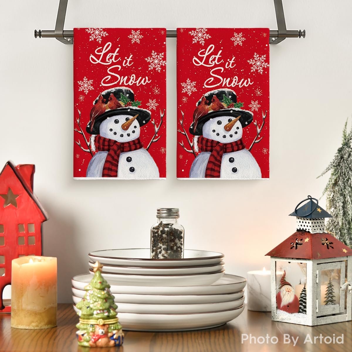 Artoid Mode Red Snowman Let It Snow Winter Kitchen Towels Dish Towels, 18x26 Inch Seasonal Christmas Decoration Hand Towels Set of 2 - Image 3