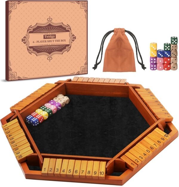 1-6 Players Shut The Box Dice Games, Wooden Board Table Math Game with 16 Dice and Instructions, Classics Close The Box Board Game for Adults Kids, Family Classroom Home or Bar - Image 2