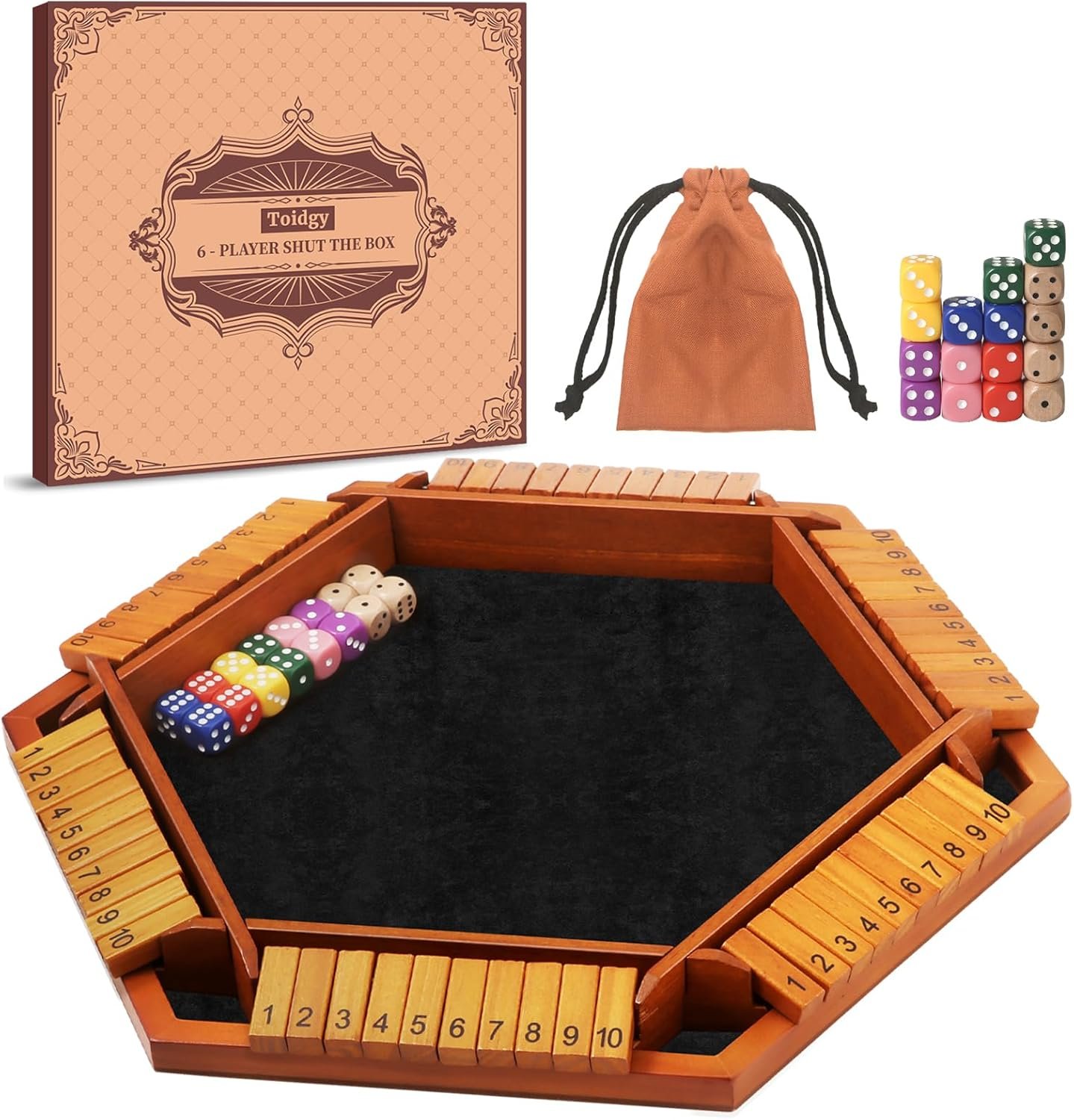 1-6 Players Shut The Box Dice Games, Wooden Board Table Math Game with 16 Dice and Instructions, Classics Close The Box Board Game for Adults Kids, Family Classroom Home or Bar - Image 2